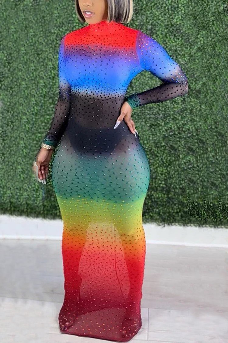 Rainbow High Neck See Through Sheer Mesh Bodycon Maxi Dress