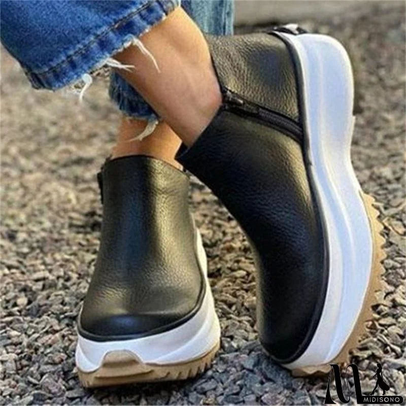 MidiSono - Simple Solid Color Grained Round Toe Casual Platform Flat-Heel Martin Boots