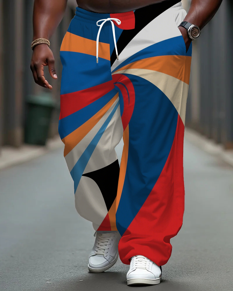 Big Men's Simple Vortex Inspired Color Block Printed Pants with Pockets & Drawstring