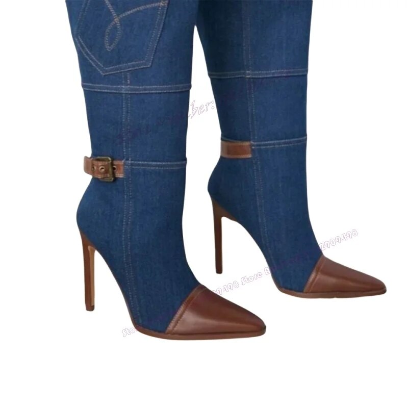 VCSHOES Blue Denim Splicing Knee High Boots Strappy Pointed Toe Shoes For Women Thin High Heels Lady Shoes Zapatos Para Mujere