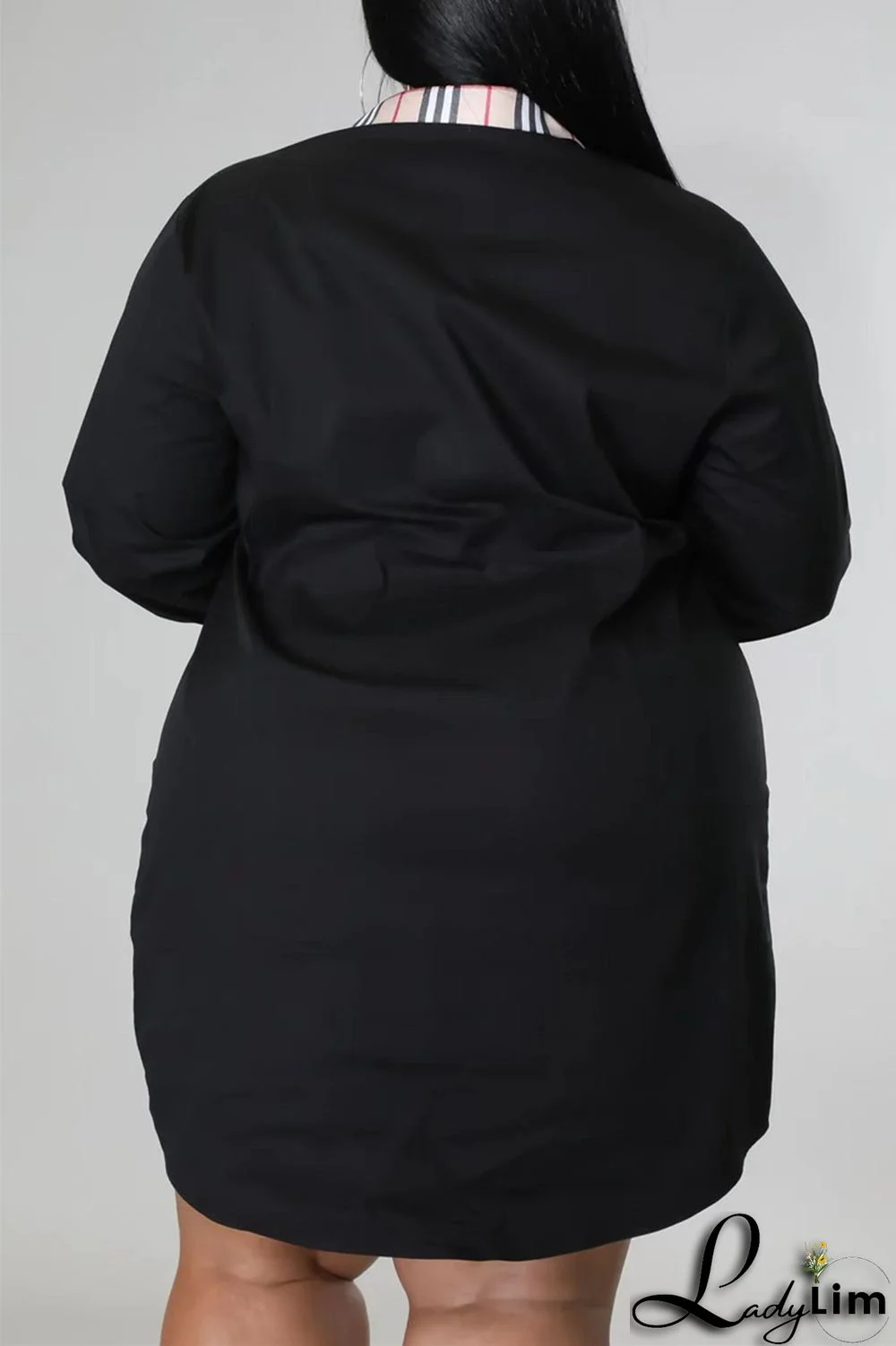 Black Fashion Casual Plus Size Print Patchwork Turndown Collar Shirt Dress