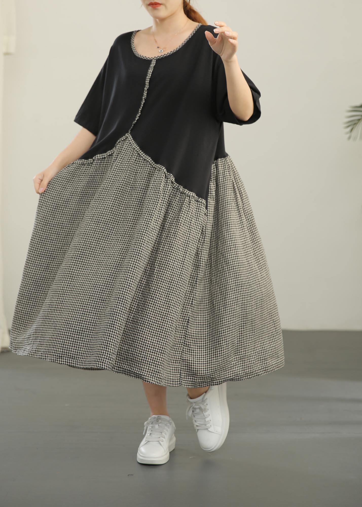 VCSHOES Loose Black Patchwork Plaid asymmetrical design Dresses Summer Cotton Linen