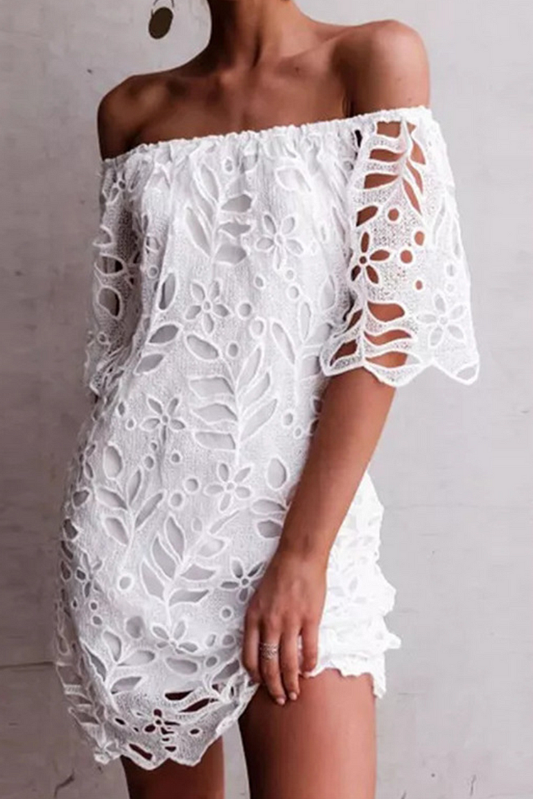 Elegant Solid Lace Hollowed Out Off The Shoulder Dresses - Life is Beautiful for You - SheChoic