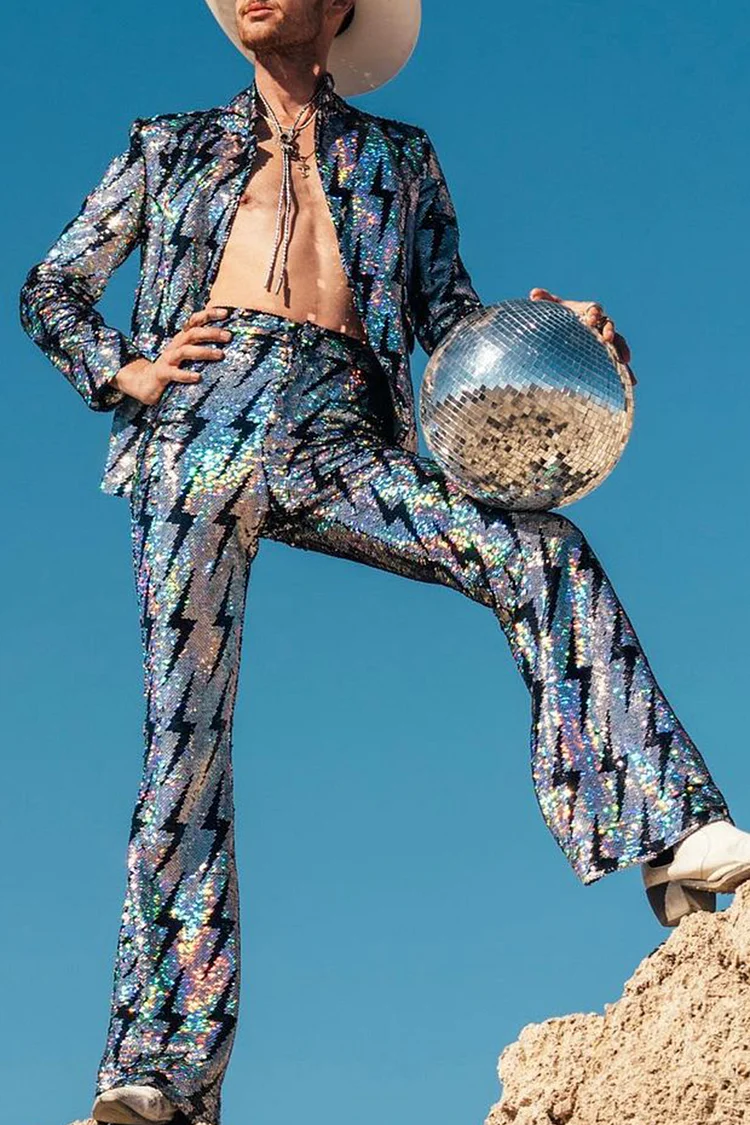 Ciciful Unisex Sequin Lapel Collar Blazer Festival Pants Silver Suit Set