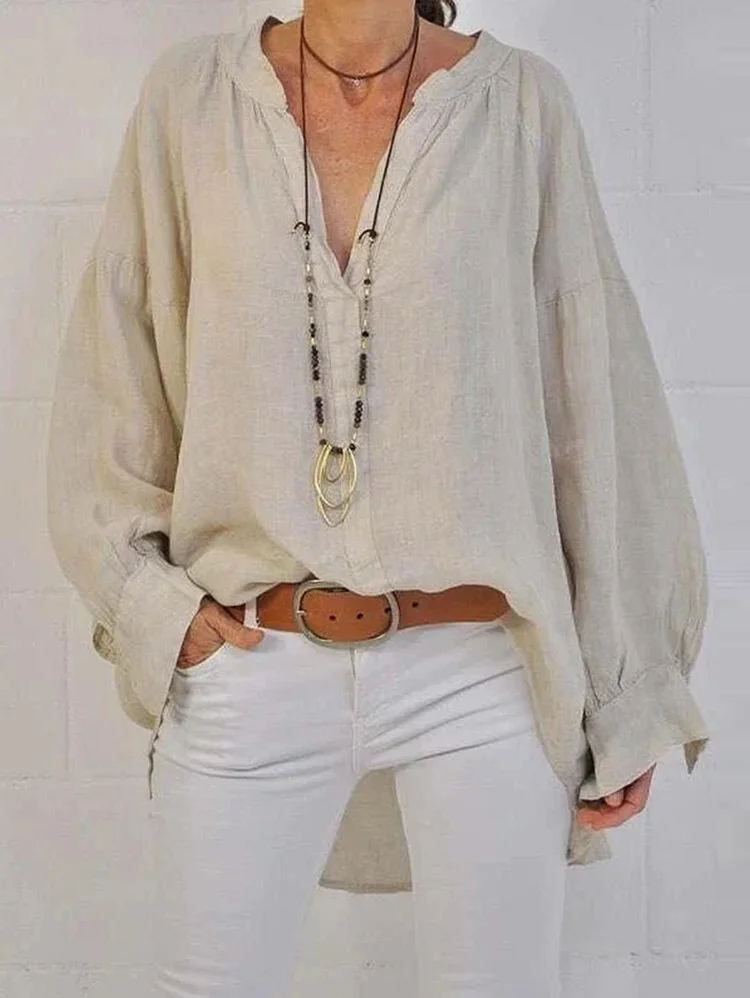 Casual V Neck Solid Color Long Sleeve Loose Blouse