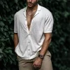 Solid Color Lapel Short-sleeved Linen Simple Shirt