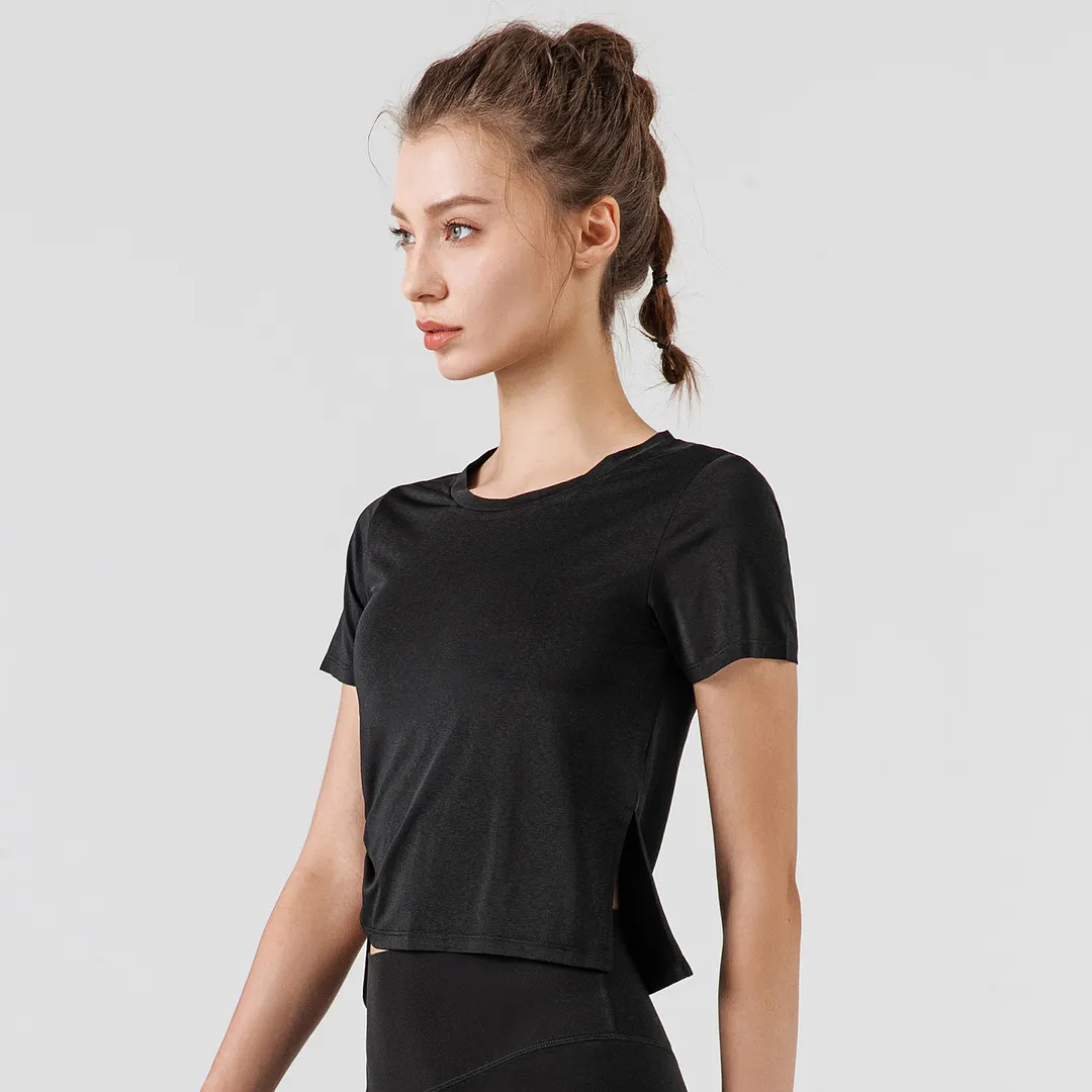 Different types of short sleeve round neck see through side drawstring running t shirts for women online shopping on Hergymclothing Black