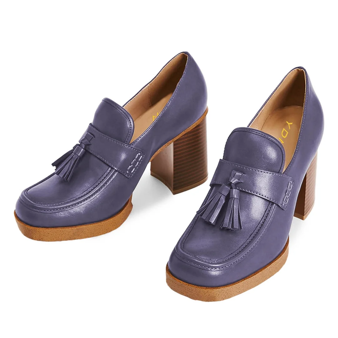 Purple Vegan Leather Tassel Accents Square Toe Loafer Heels