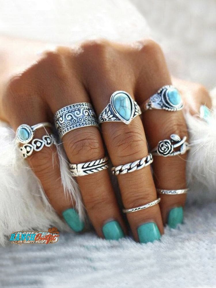 🎁 Vintage Totem Flower Turquoise 10-Piece Joint Combination Ring (100% Off) Silver / One Size