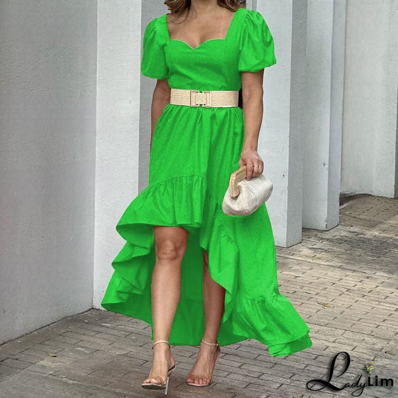 Women Elegant Square Neck Solid Ruffles Dress