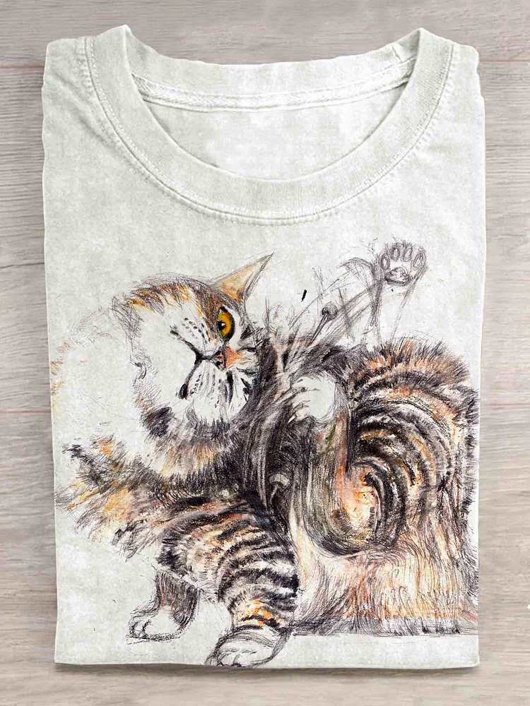 Vintage Cut Cat Print Casual T-shirt