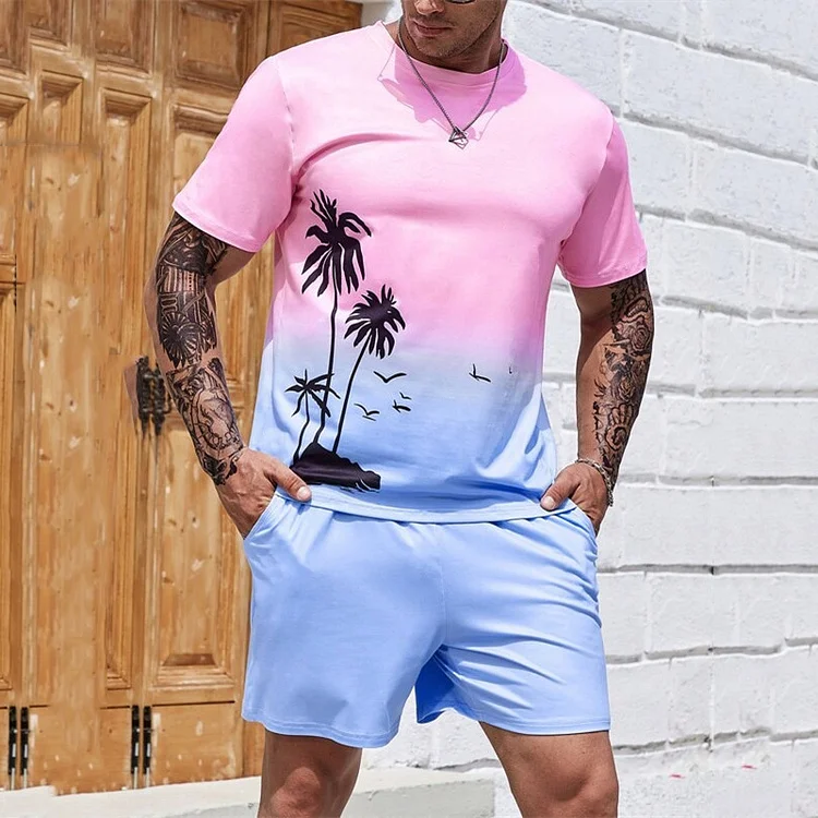Men's Tropical Plant Pattern Short Sleeve Crew Neck T-Shirt & Shorts 2Pcs Set
