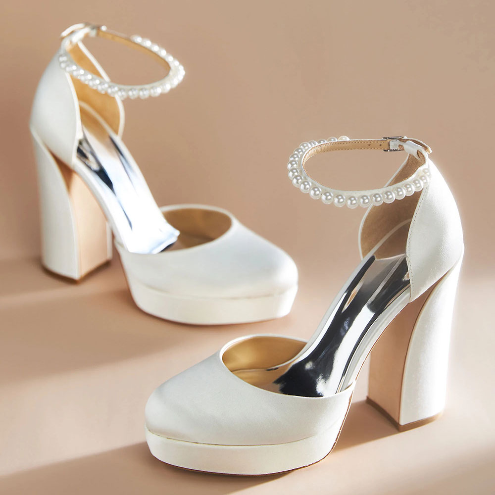 Ivory Satin Pearl Ankle Strap Bridal Shoes Chunky Heel Platform Pumps