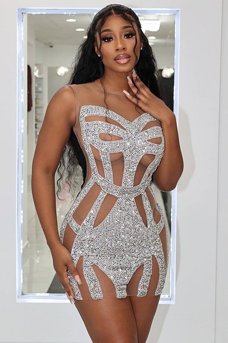 Rhinestone See Though Sleeveless Bodycon Party Mini Dress [Pre Order]