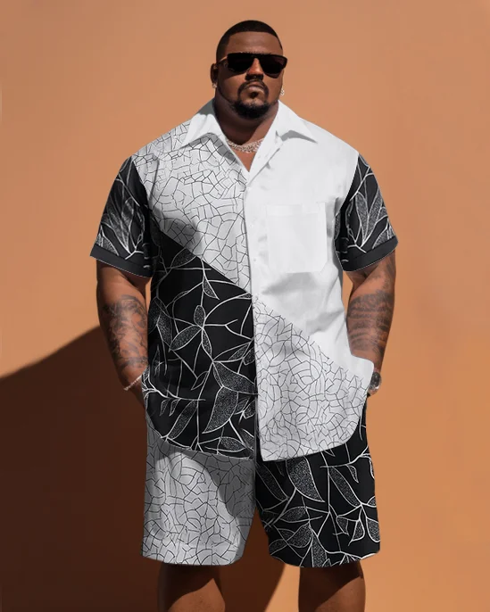 Men's Plus Size Simple Pattern Patchwork Printing Pocket Short-sleeved Shirt Shorts Suit