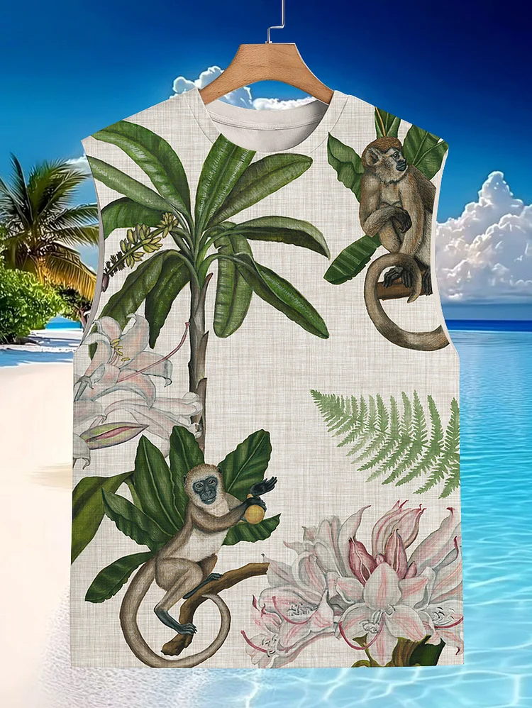 Men's Monkey Coconut Tree Flower Hawaii Art Print Tank Top