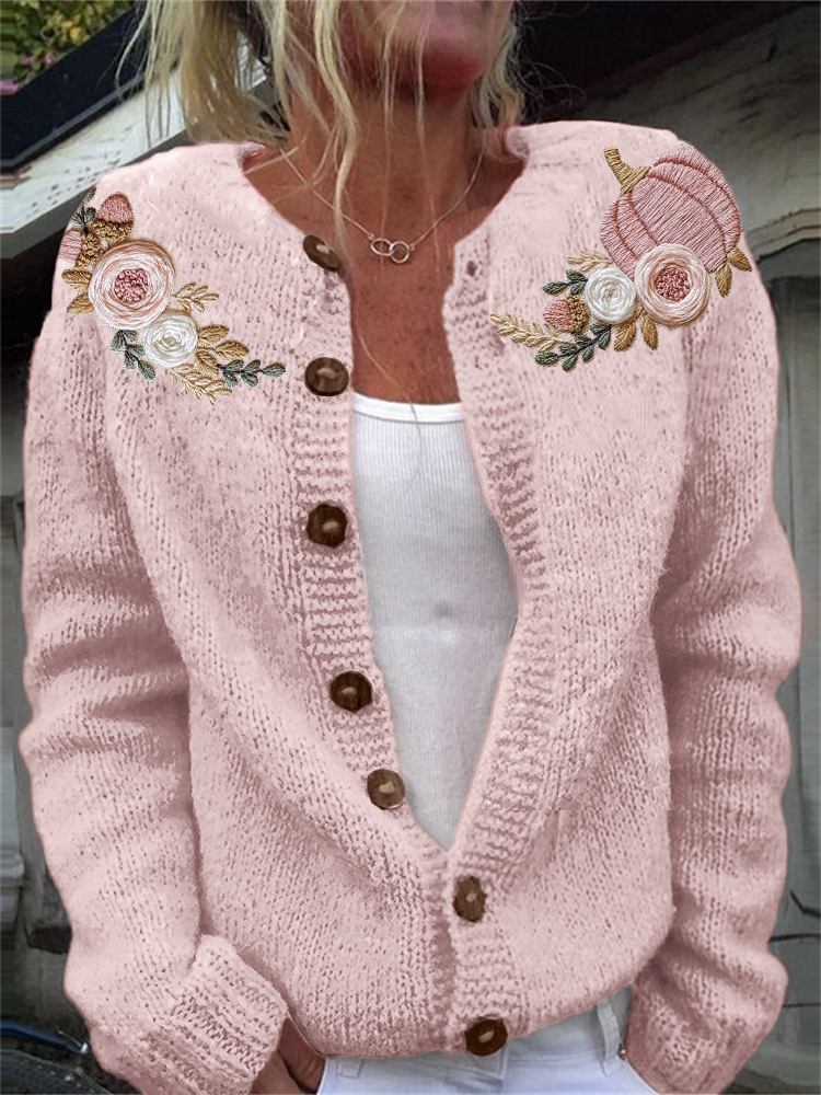 Thanksgiving Pink Pumpkin Floral Embroidered Cozy Knit Cardigan