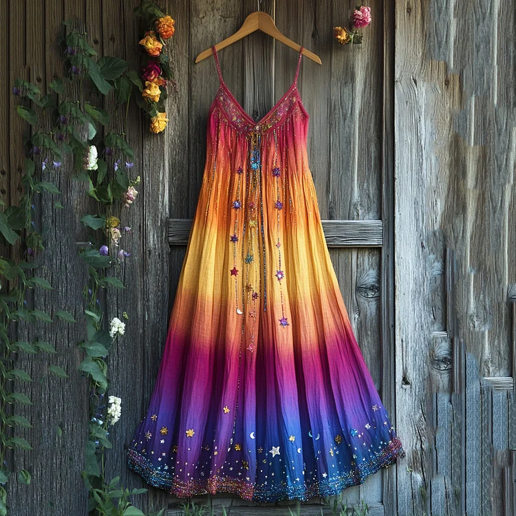 VChics Women's Pride Month Lgbt Rainbow Stars Comfort Contrast Color Art Print Art Slip Dress