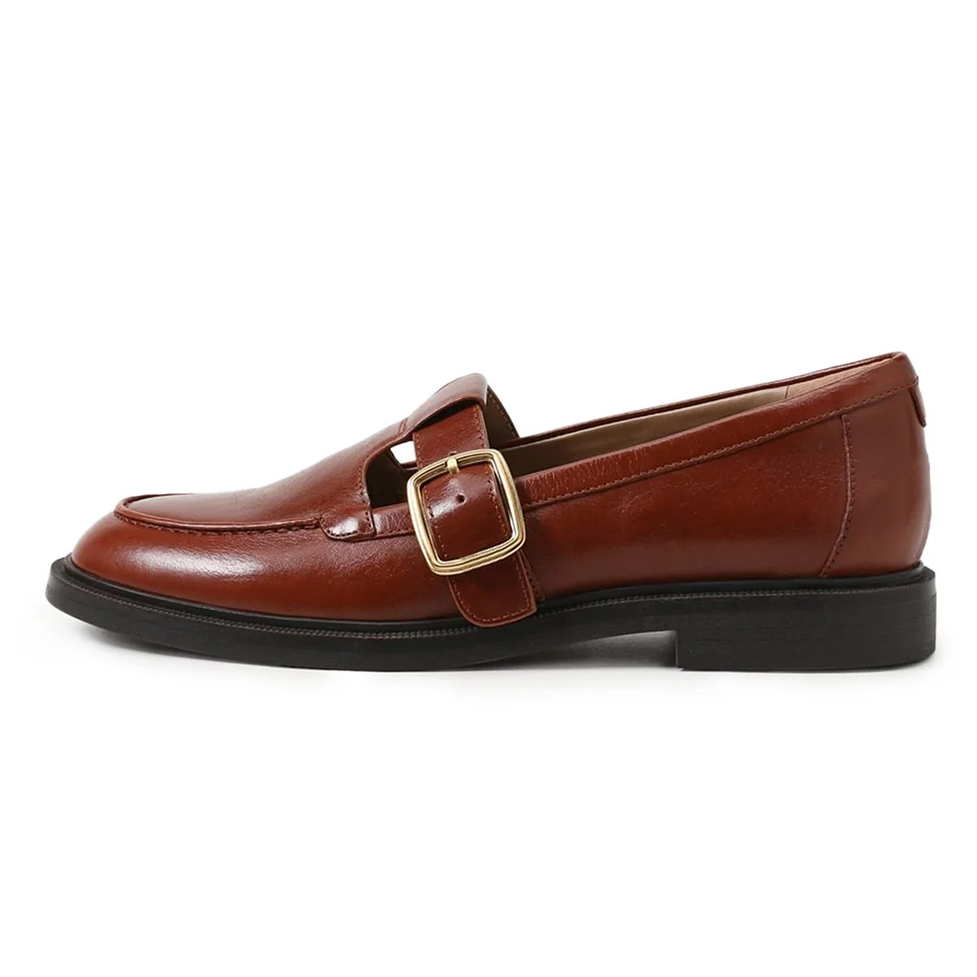 Brown Slip-On Buckle Strap Round Toe Flat Women Mary Jane Shoes