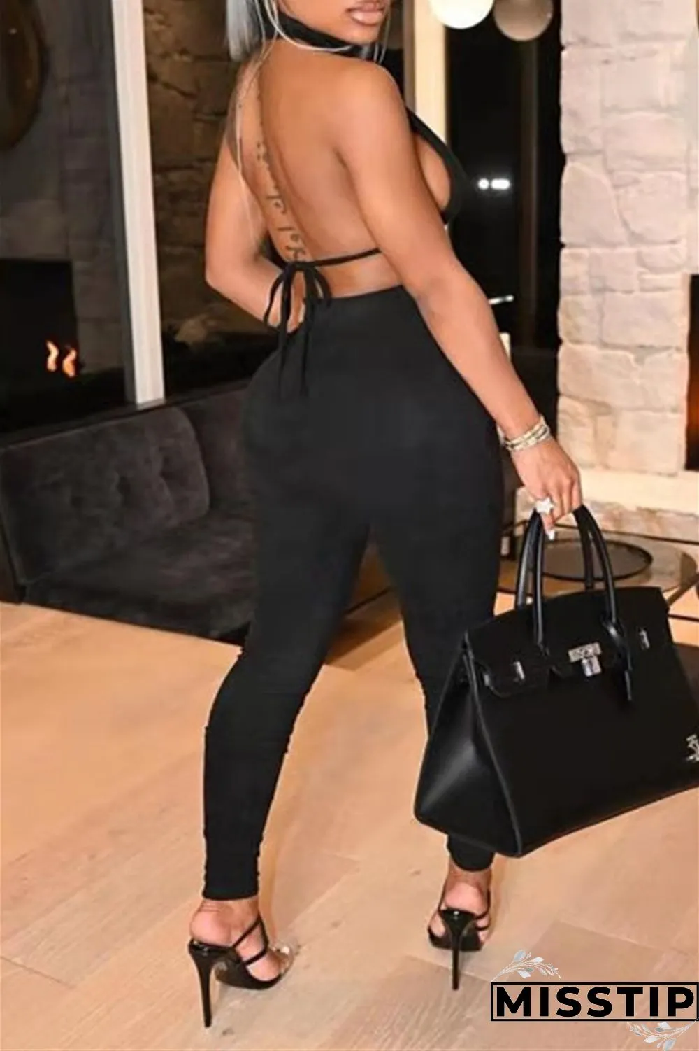 Red Fashion Sexy Solid Hollowed Out Backless Turtleneck Sleeveless Two Pieces