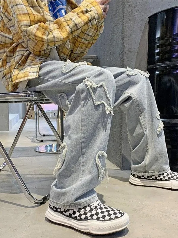 Brownm Men's Heart Patched Straight Leg Jeans