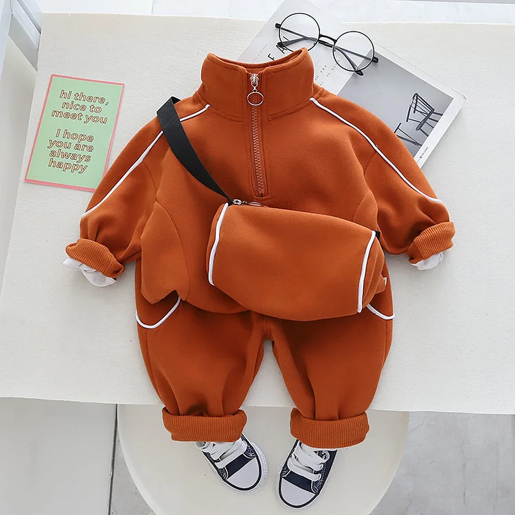 2pcs Baby Boy Solid Color Half Zipper Pullover Sweatshirt & Solor Pocket Pants Set