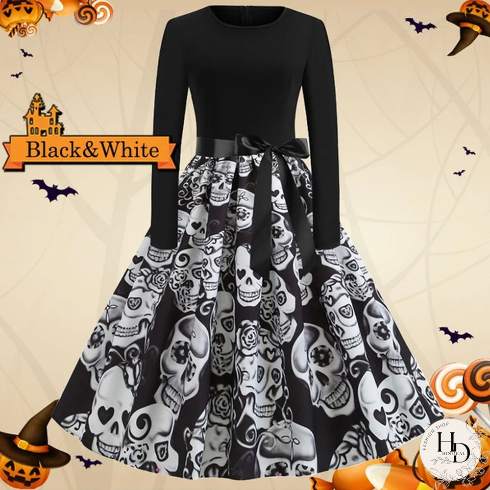 8 Colors Halloween Pumpkin Ghost Skull 3d Print Dresses Santa Claus Christmas Tree Printed Flared Swing Dresses Long Sleeve Ruched Gown Dress Xmas Festival Vestido de Mujer