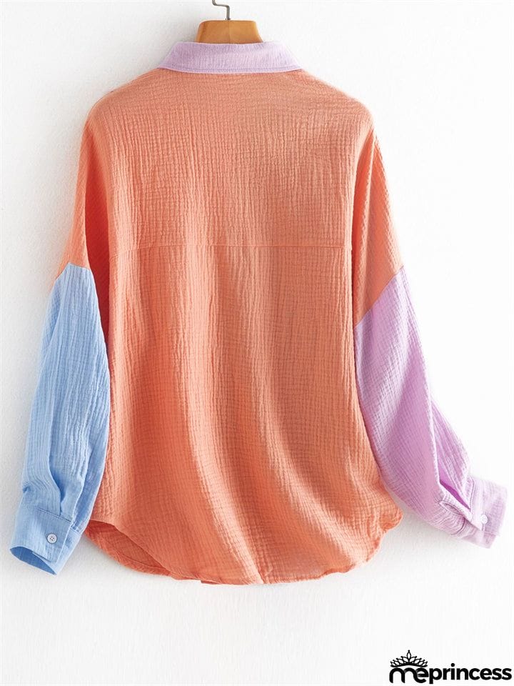 Vibrant Women's Contrast Color Lapel Long Sleeve Button Down Shirt