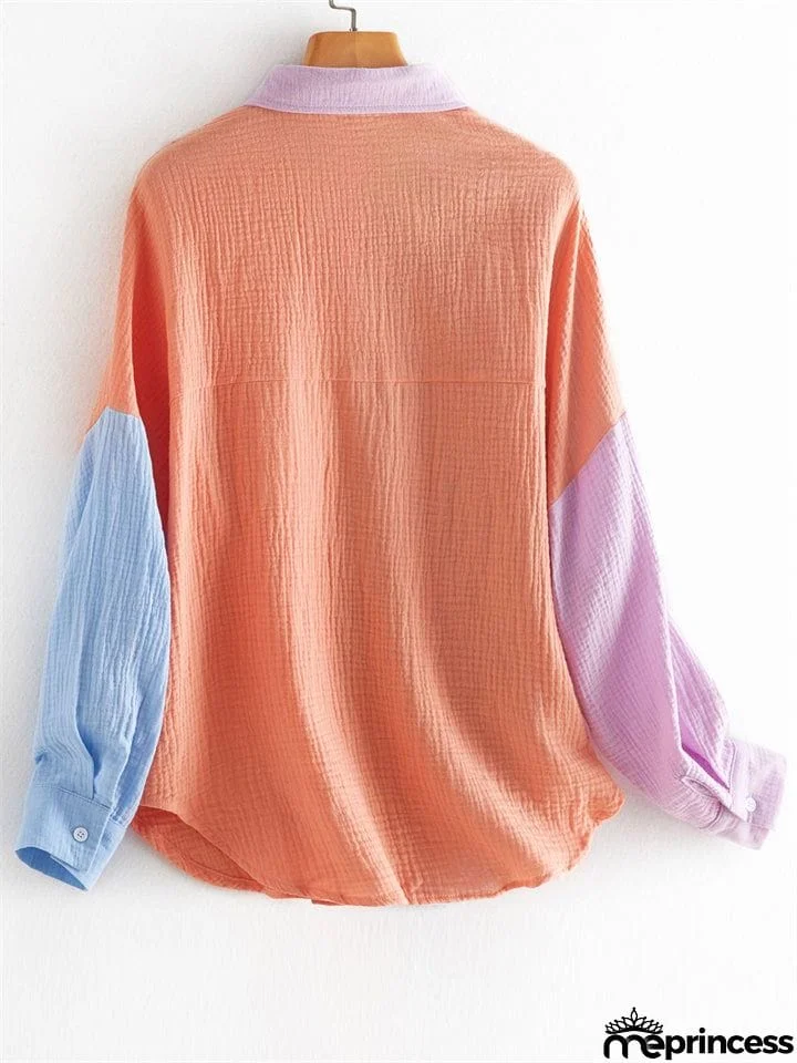 Vibrant Women's Contrast Color Lapel Long Sleeve Button Down Shirt