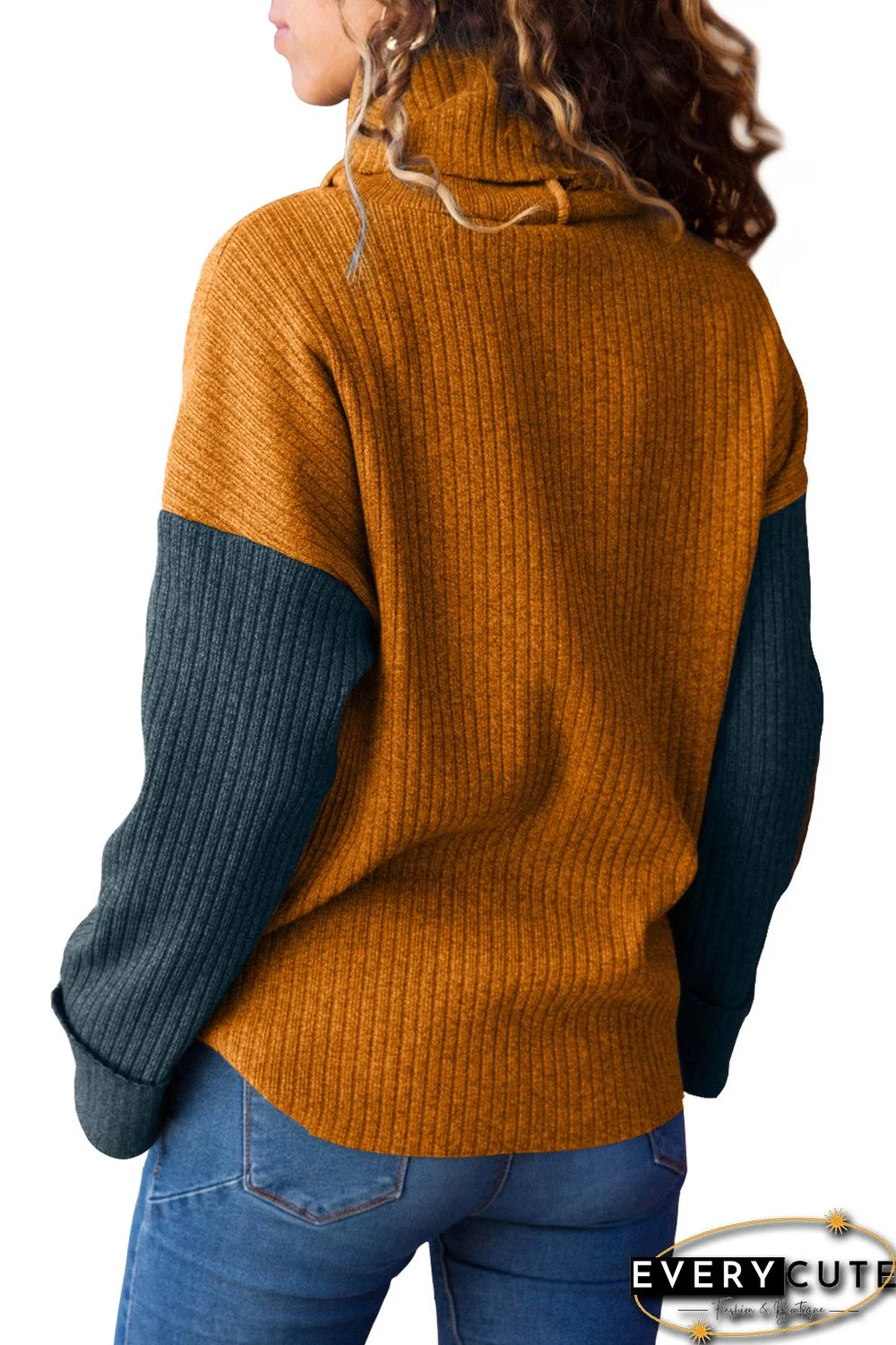 Mustard Blue Color Patchwork Ribbed High Neck Sweater