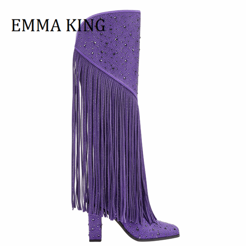 VCSHOES Women Crystal-embellished Knee High Booties Ladies Pointed Toe Rhinestone Western Fringe Boots Female Catwalk Botines De Mujer
