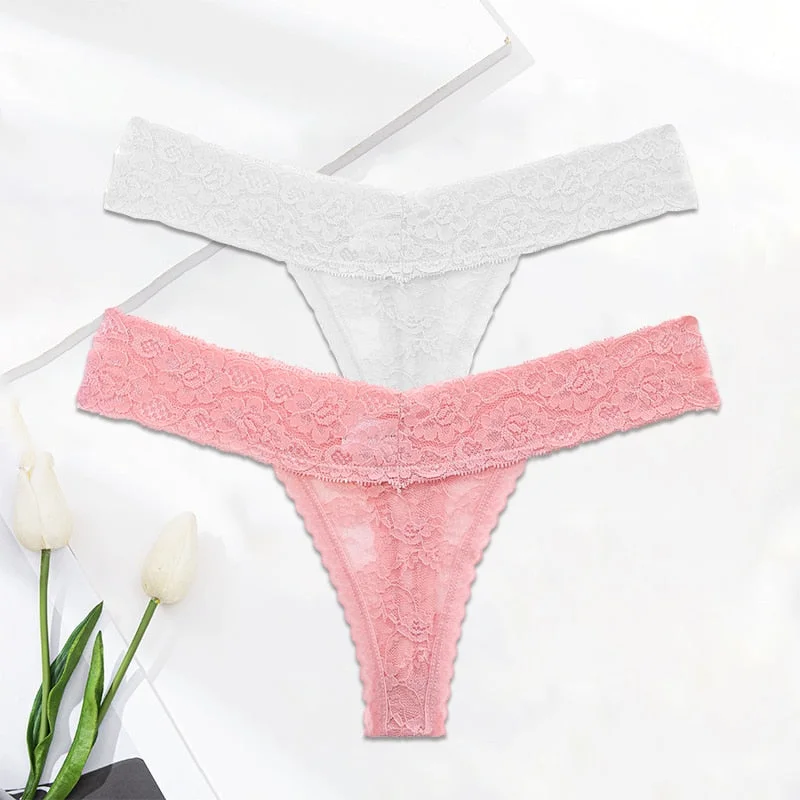 FINETOO 2PCS/Set M-XL Lace G-string Thong Panties for Woman Sexy Floral Underwear Transparent Women's Underpants Female Lingerie