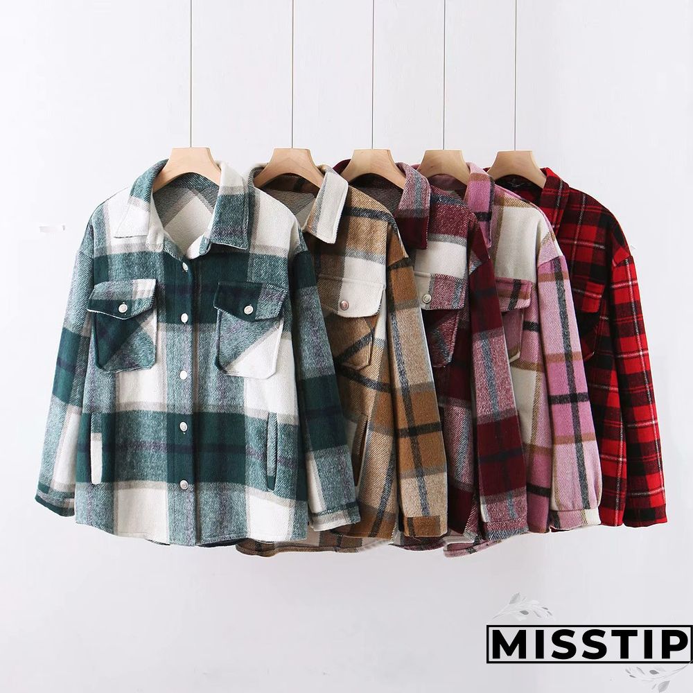 Classic Thick Colorblock Checked Button Down Shirt Jacket Woolen