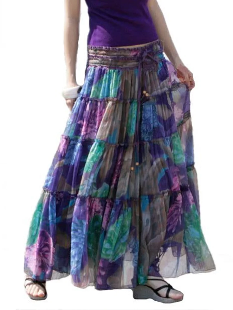 Floral Print Drawstring Waist Maxi Skirt