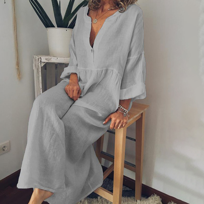 Comstylish Vintage Solid Color V Neck Cotton Linen Maxi Dress