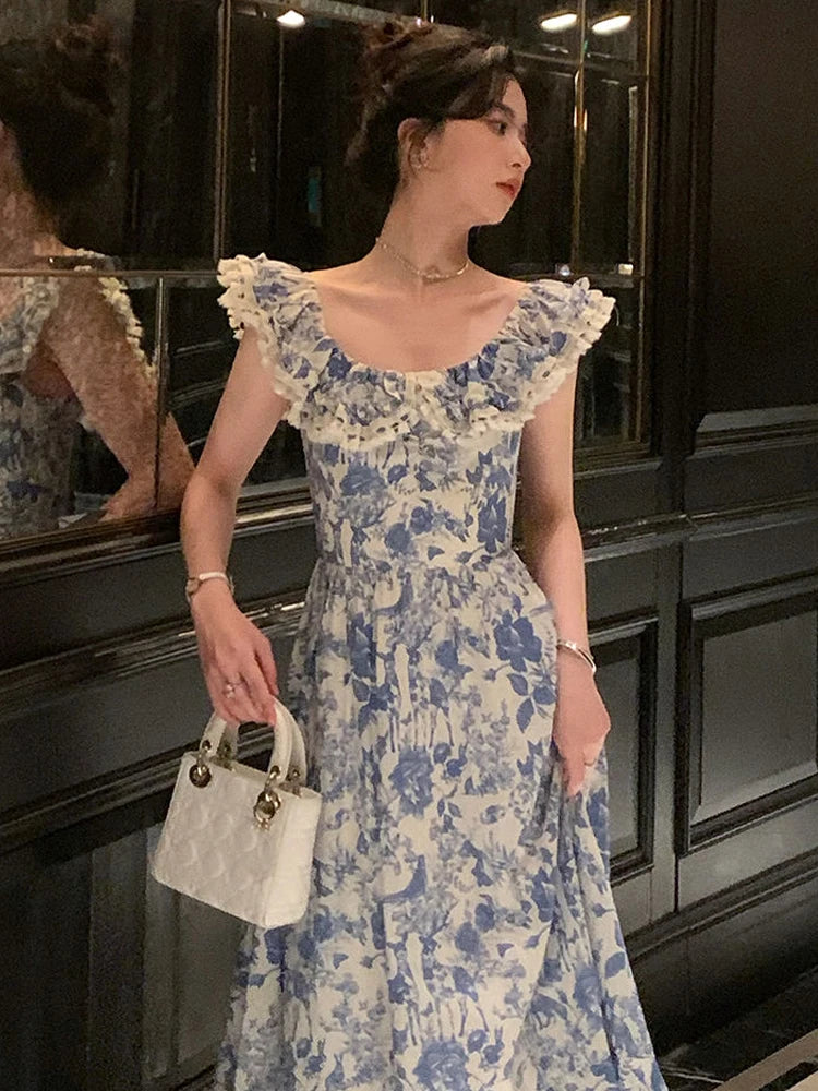 Aiertu Elegant Korean Fairy Long Dress Women Sexy Ruffles Party Slip Floral Dress Korean Style Summer Dress Female 2024 Casual Fashion Aiertu