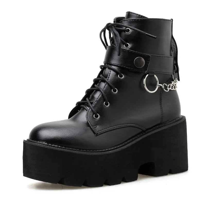 Gdgydh New Sexy Chain Women Leather Autumn Boots Block Heel Gothic Black Punk Style Platform Shoes Female Footwear High Quality