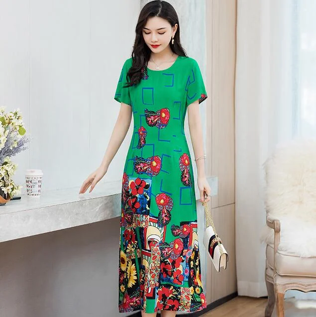 Women Summer Dress Plus Size 5XL Loose Middle-aged Mother Casual Short Sleeve Long Dress O-Neck Floral Print Cotton Dresses