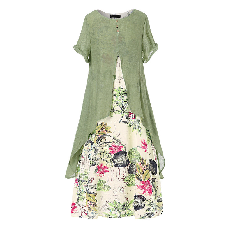 Women's Fashion Cotton Linen Floral Sexy Casual Floral Dress