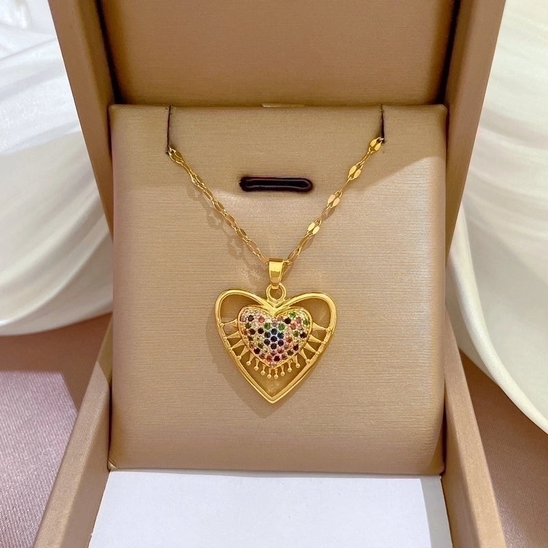2 Pieces Fashion Heart Shape Butterfly Titanium Steel Copper Inlay Artificial Diamond Pendant Necklace
