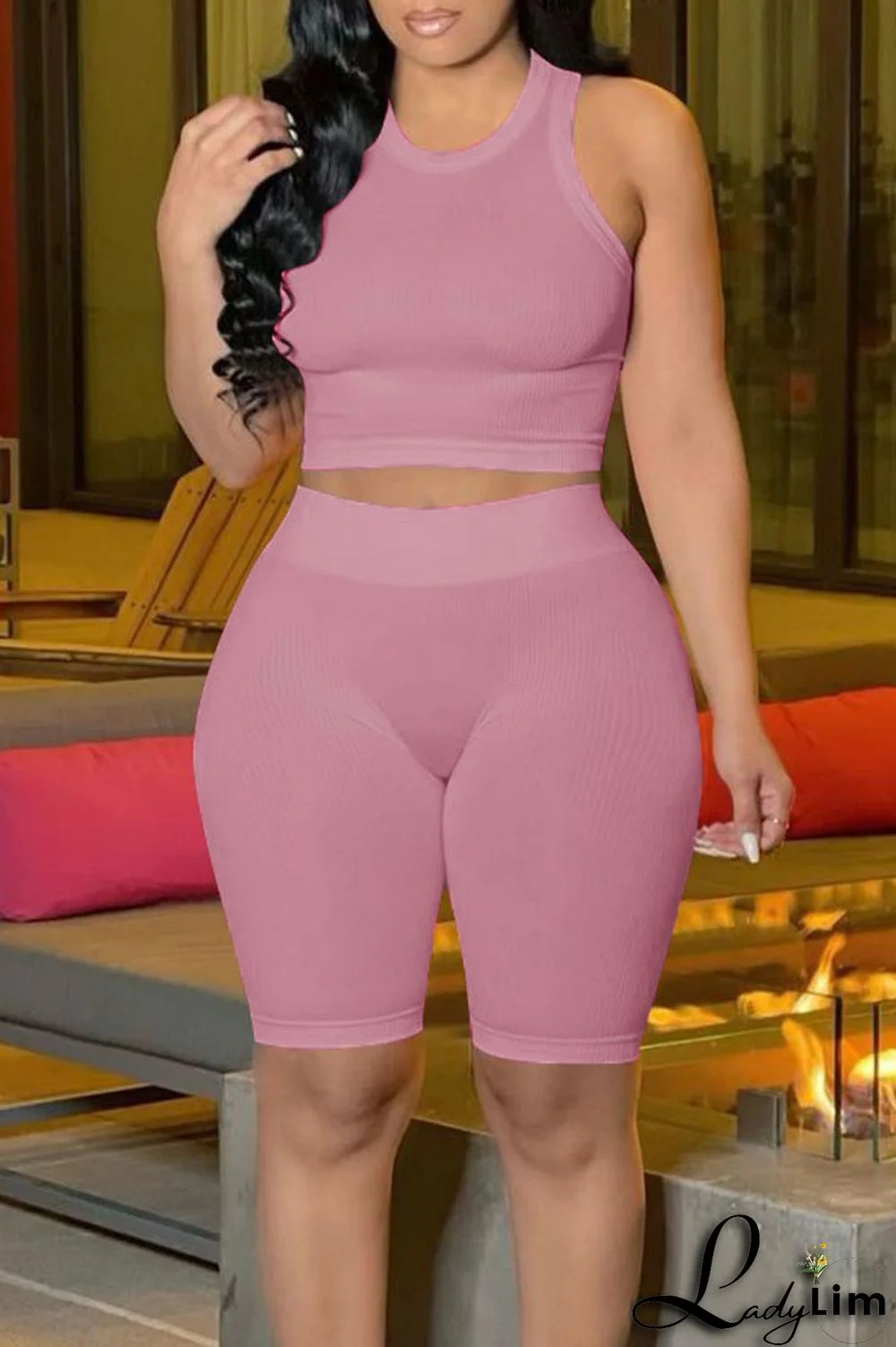 Blue Casual Solid Split Joint O Neck Sleeveless Two Pieces