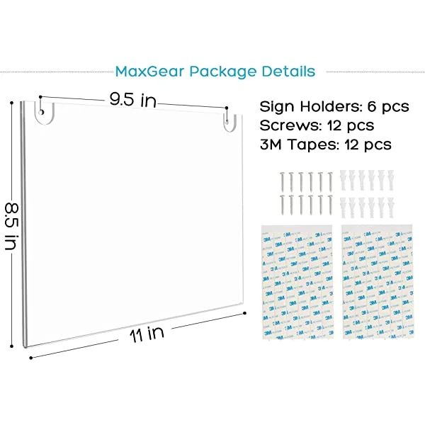MaxGear Acrylic Sign Holder 8.5 X 11 Wall Mount Sign Holder Clear Plastic  Picture Frames with 3M Tape Adhesive and Screws for Office, Home, Store,  Restaurant Landscape, Pack 8.5x11''Landscape 6Pack