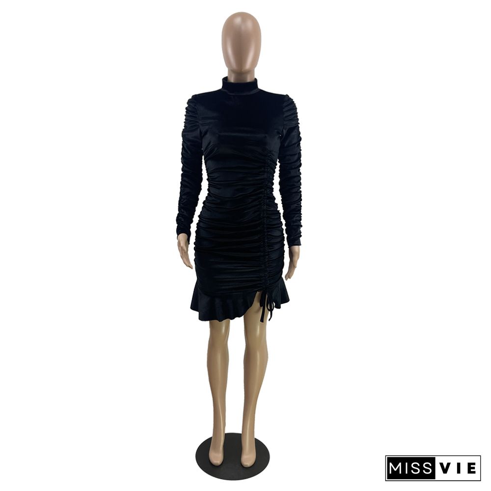 Long Sleeve Drawstring Ruched Winter Dress