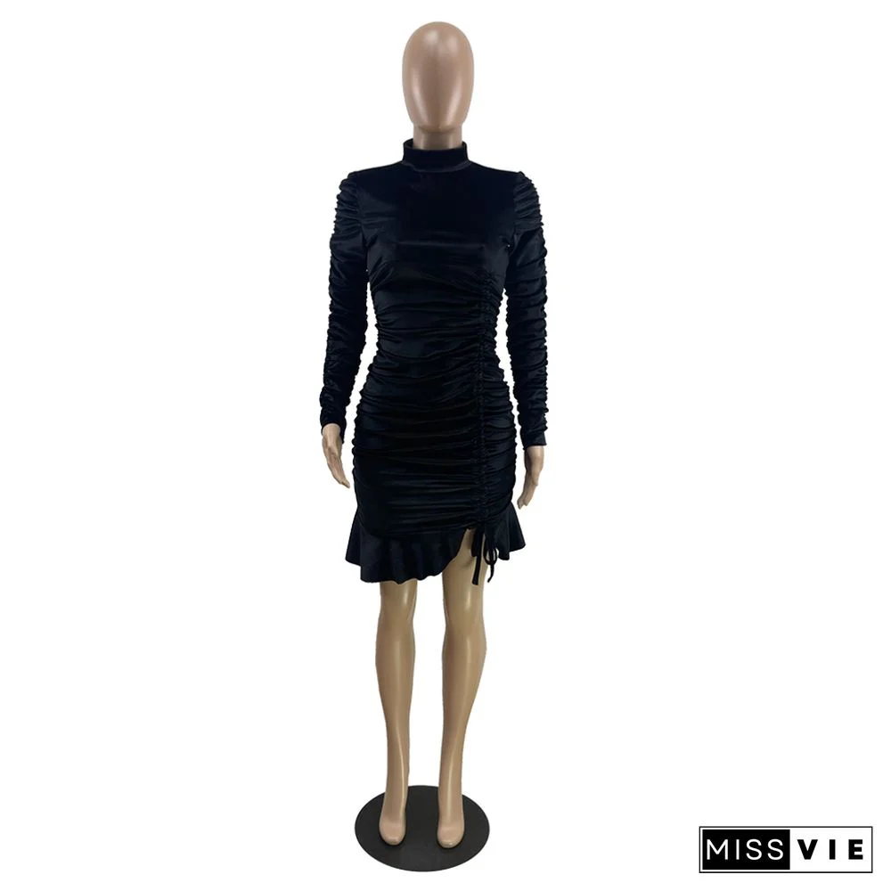 Long Sleeve Drawstring Ruched Winter Dress