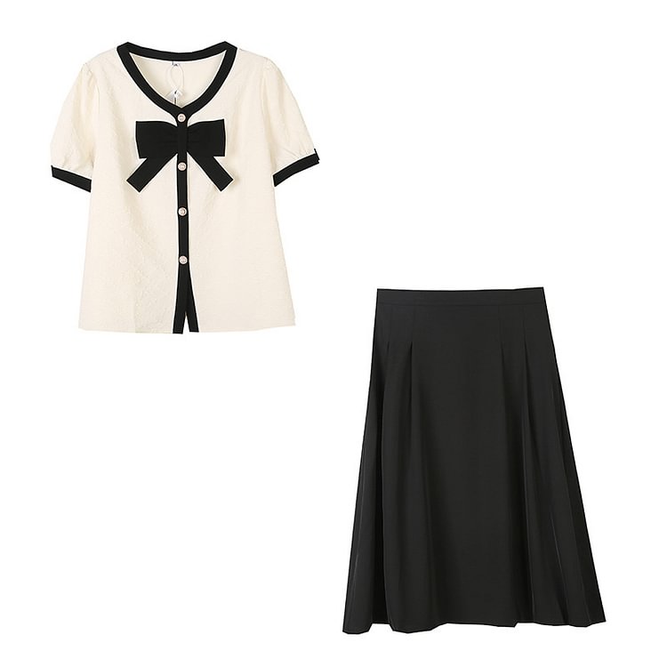 Bow Knot Button T-shirt Skirt Two Pieces Set - Modakawa modakawa