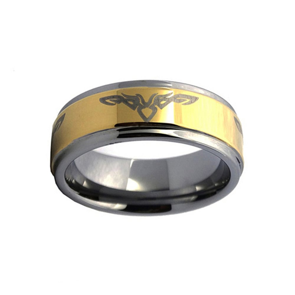 Mens 8MM Gold Plated Tungsten Carbide Rings Laser Pattern with Polished Step Edge