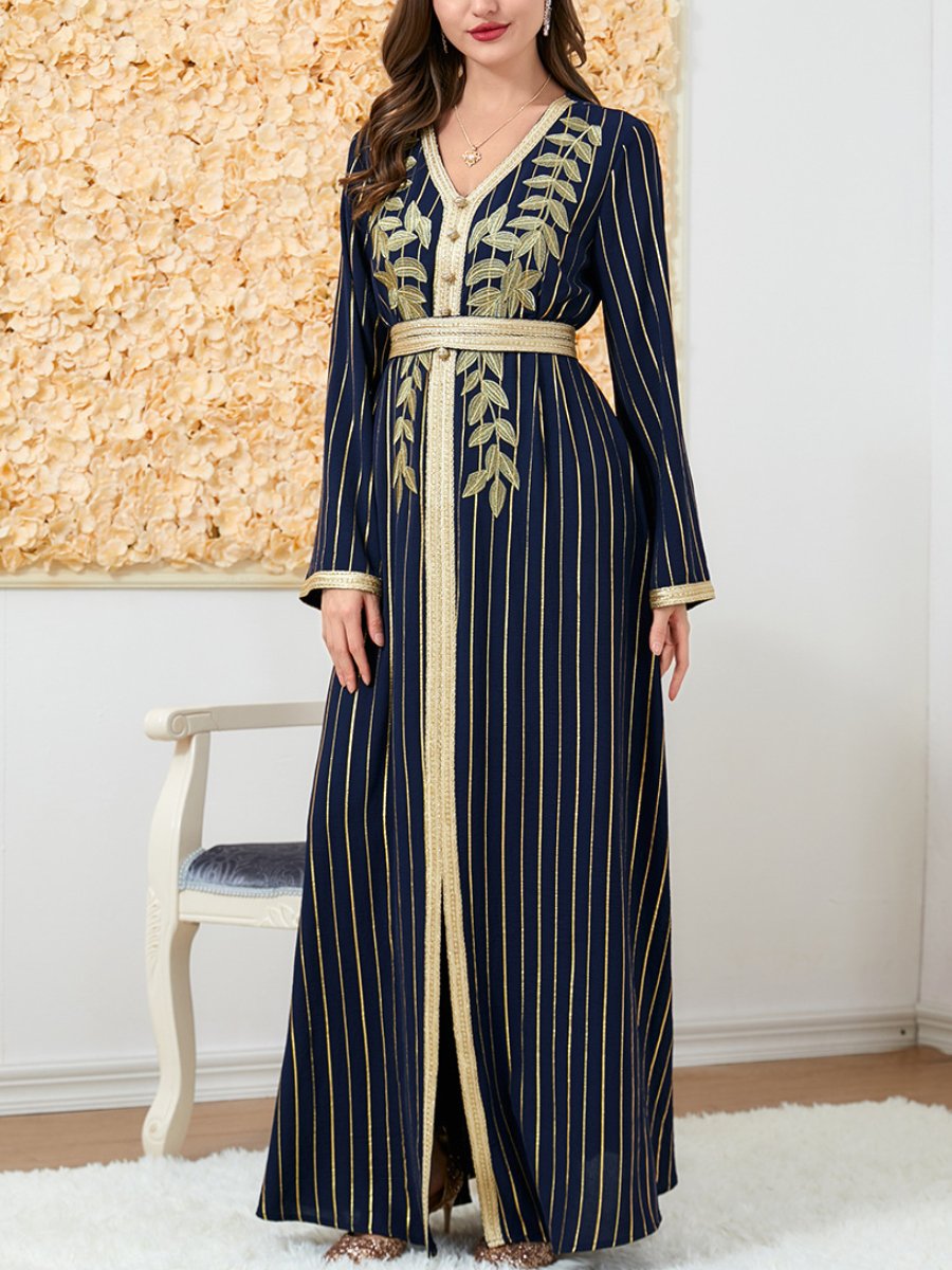 Green Leaves Stripe Print V Neck Long Sleeve Dress | Oxredo Shop Ramadan Sale