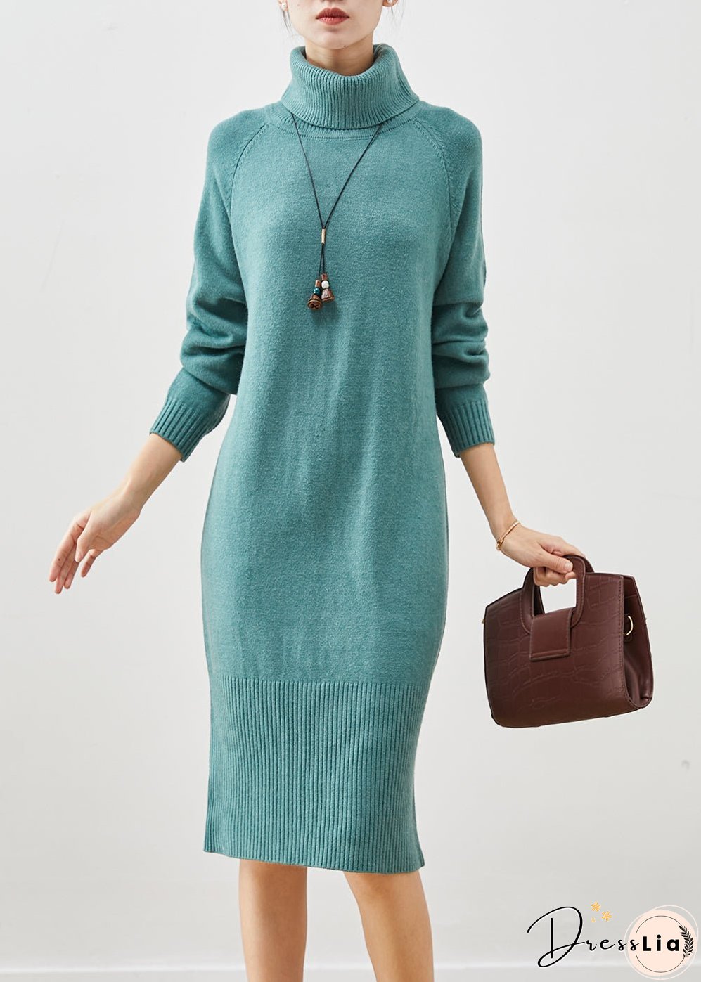 Silm Fit Blue Turtle Neck Thick Knit Dress Winter