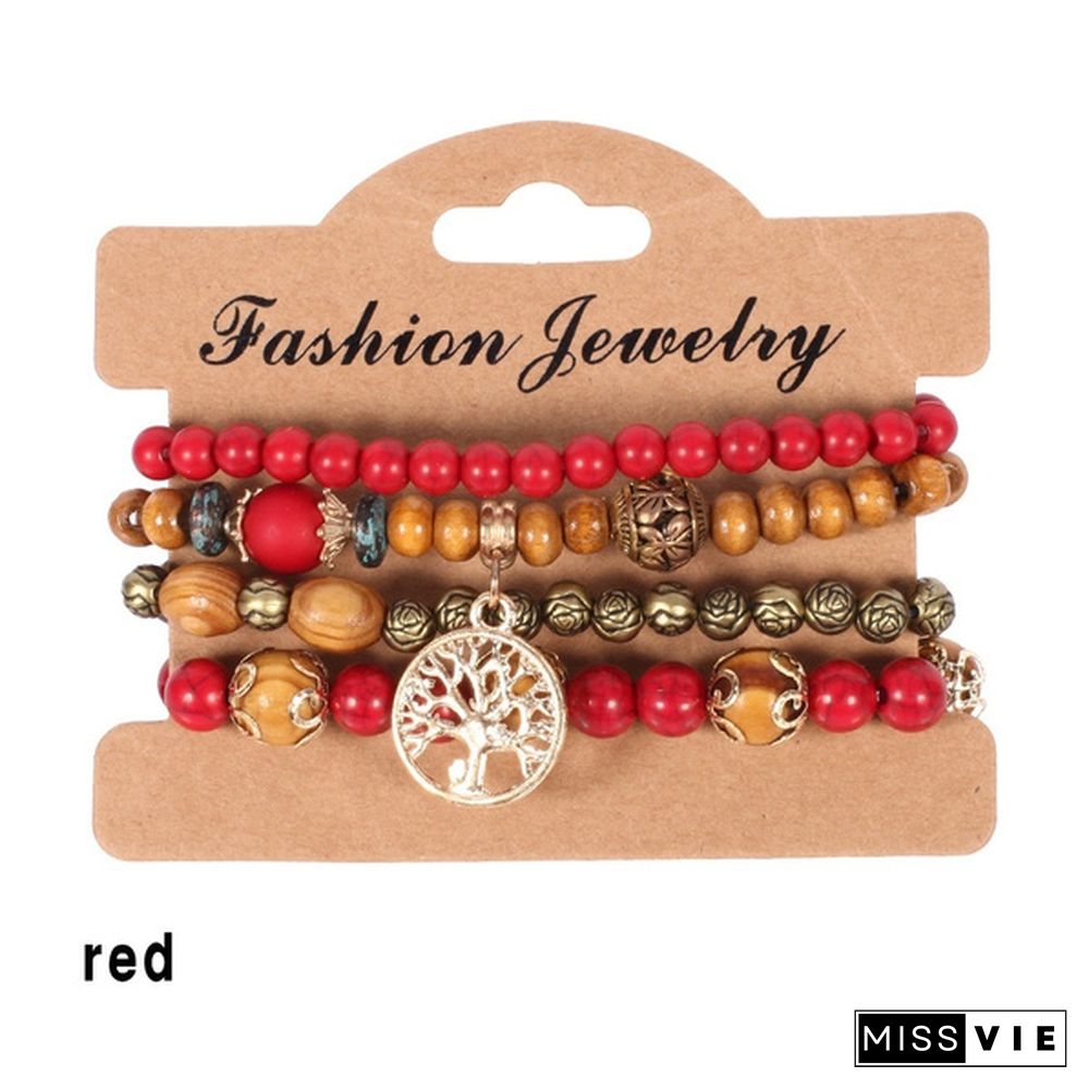 4pcs/set Wooden Beads Bracelet Multicolor Women Boho Bangles With Hollow-out Pendant