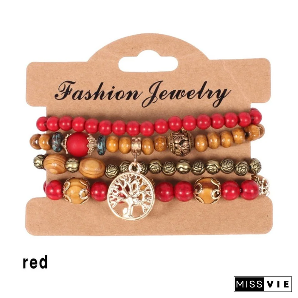 4pcs/set Wooden Beads Bracelet Multicolor Women Boho Bangles With Hollow-out Pendant